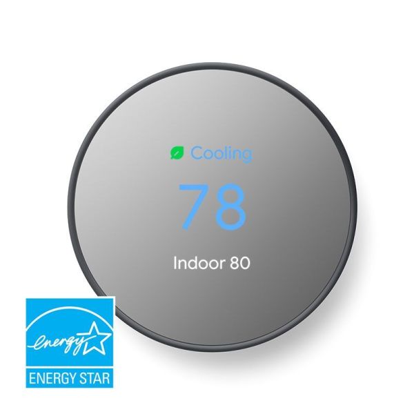 Google Nest Smart Thermostat in charcoal color, featuring a minimalist design and a circular touchscreen interface for efficient and intuitive temperature control.