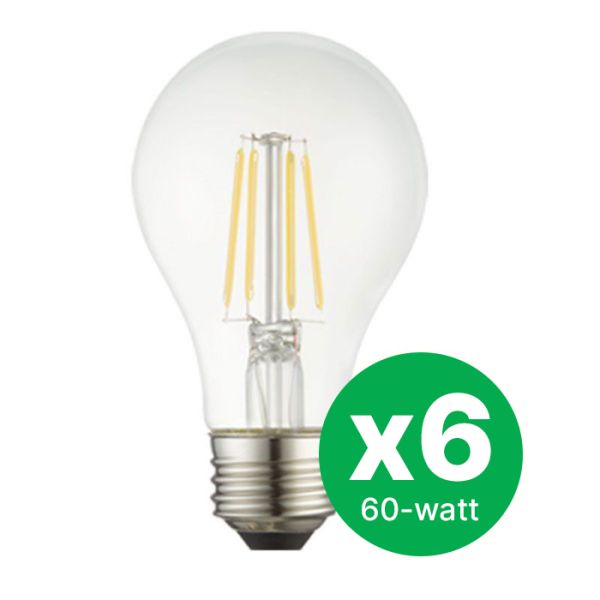 EarthTronics Filament Standard A19 60W Warm White LED bulbs in a 6-pack
