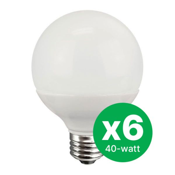 TCP Globe G25 40W Warm White LED bulbs in a 6-pack