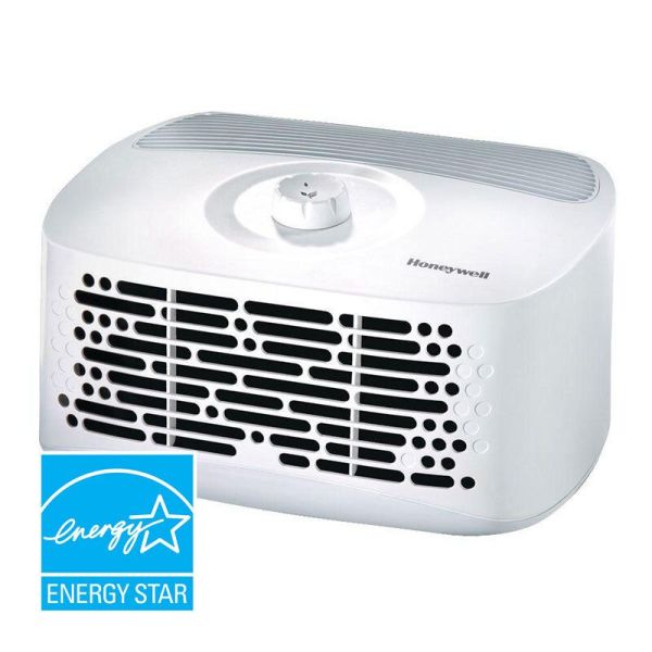 Honeywell True HEPA Tabletop Air Purifier with a compact design, featuring a visible HEPA filter and modern air purifier features.